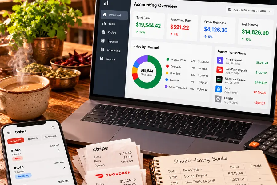 A laptop showing sales and expenses beside receipts and a handwritten ledger.