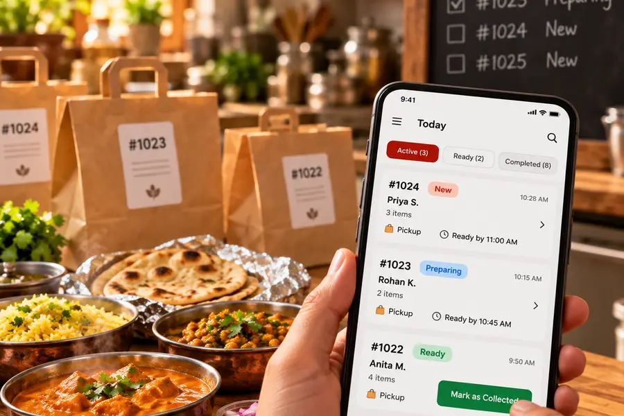 A phone showing today's orders next to packed bags ready for pickup.