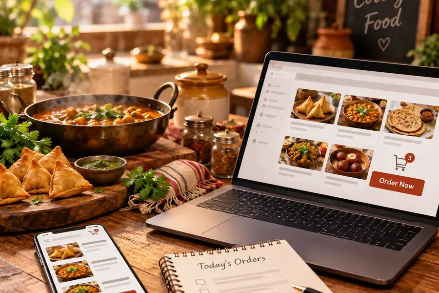 A laptop showing an online food shop, beside samosas and a pan of chana masala.